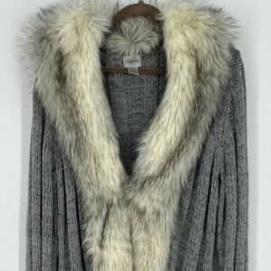 Chicos Sz 3 Women's Coat Cable Sweater Gray Duster Faux Fur Collar Wool Sz XL
